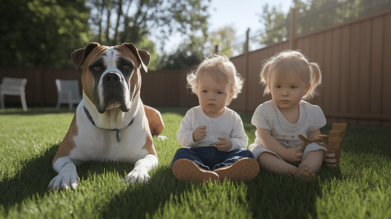 Cane Corso mirno leži ob otrocih na vrtu