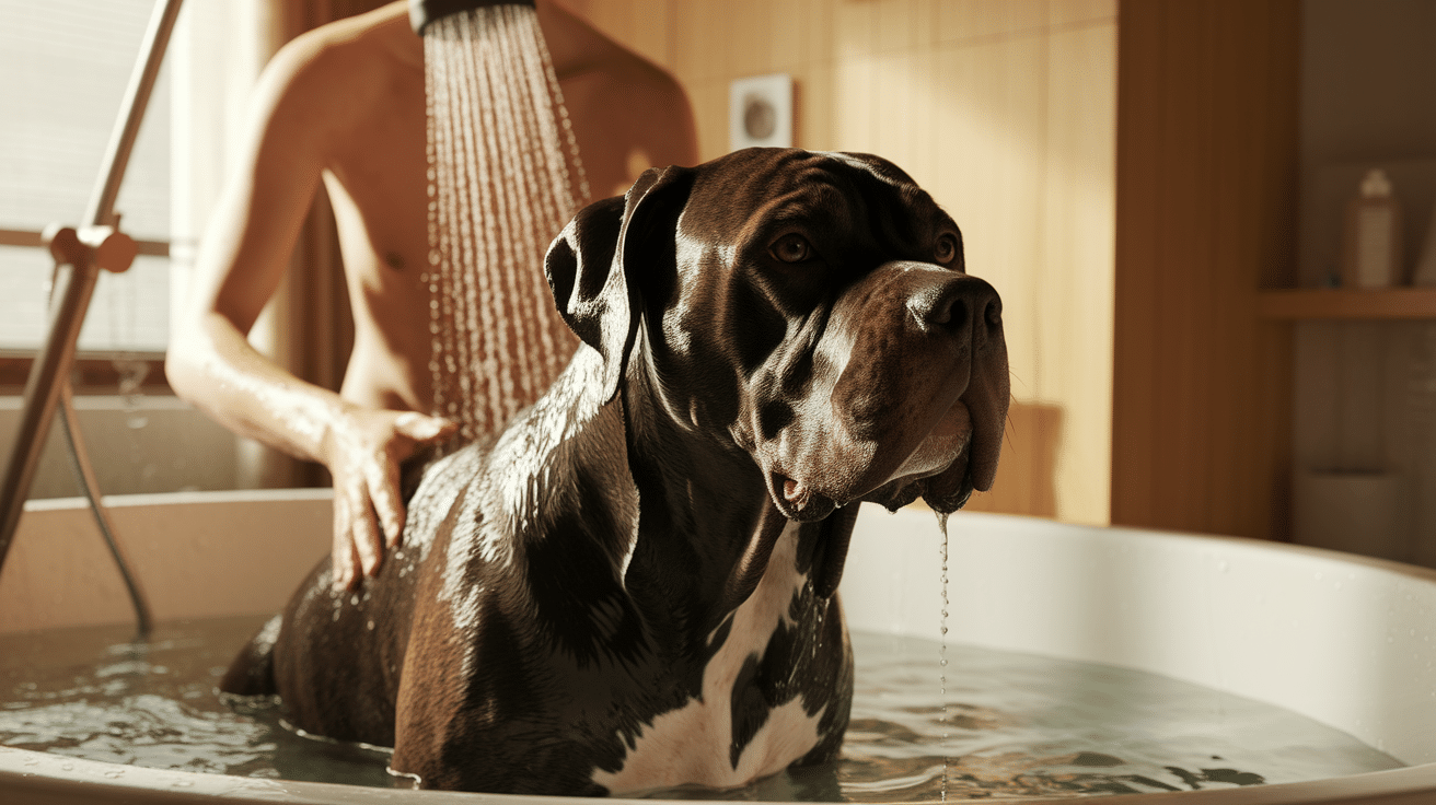 Cane Corso med kopanjem v domači kopalnici