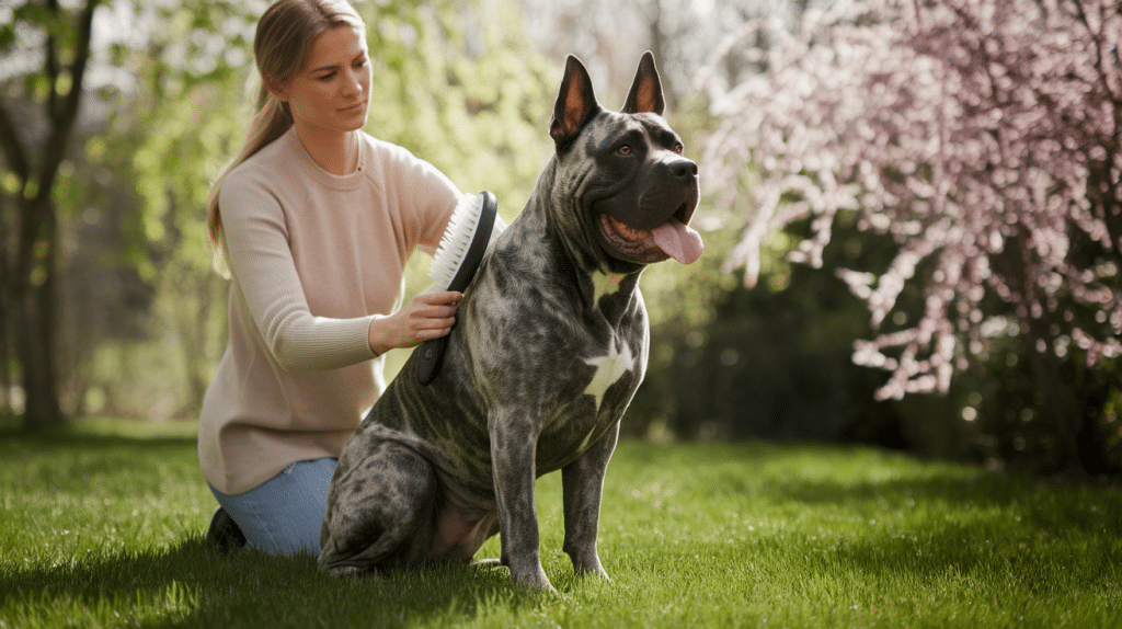 Krtačenje Cane Corso na vrtu s profesionalno krtačo