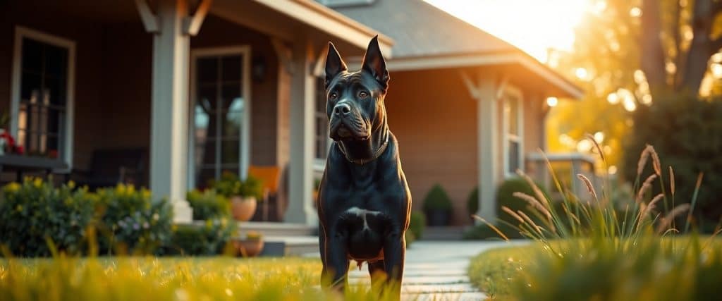 Cane Corso stoji budno pred vhodom, opazuje obiskovalce