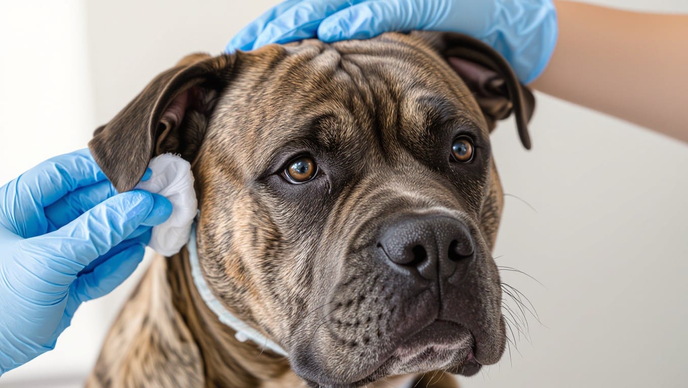 Nega ušes Cane Corso psa z vatirano blazinico v domačem okolju