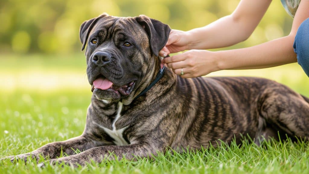 Lastnik pregleduje uho Cane Corsa na vrtu med igro