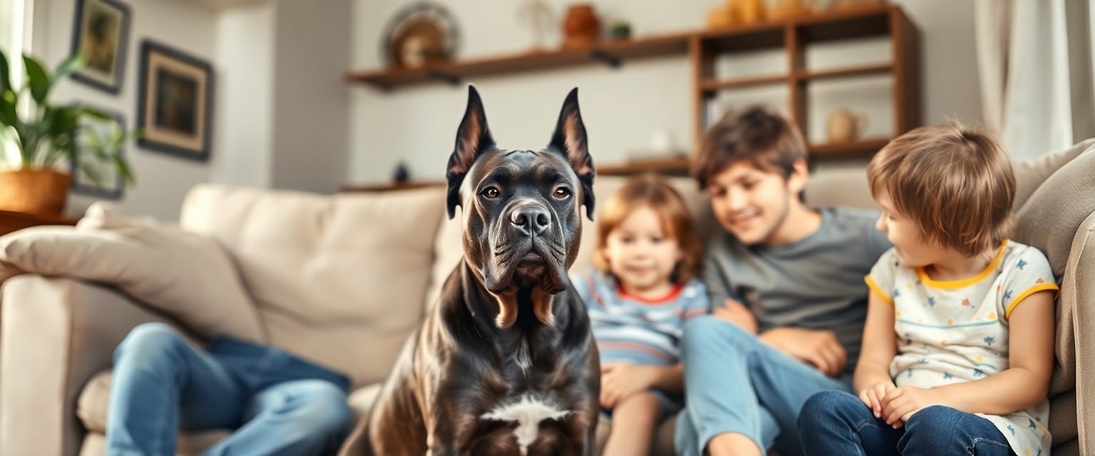 Cane Corso v mirnem stiku z družino v dnevni sobi