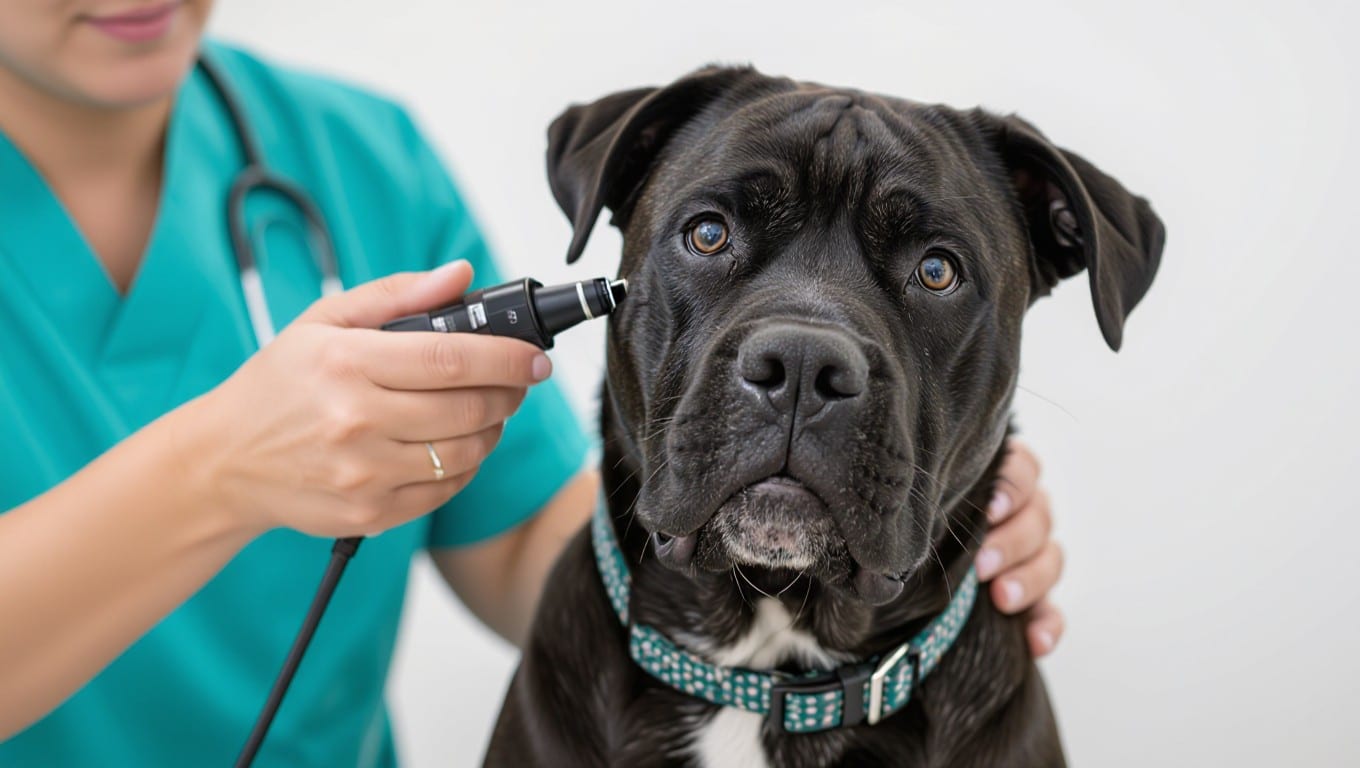 Veterinarski pregled ušes Cane Corsa s pomočjo otoskopa