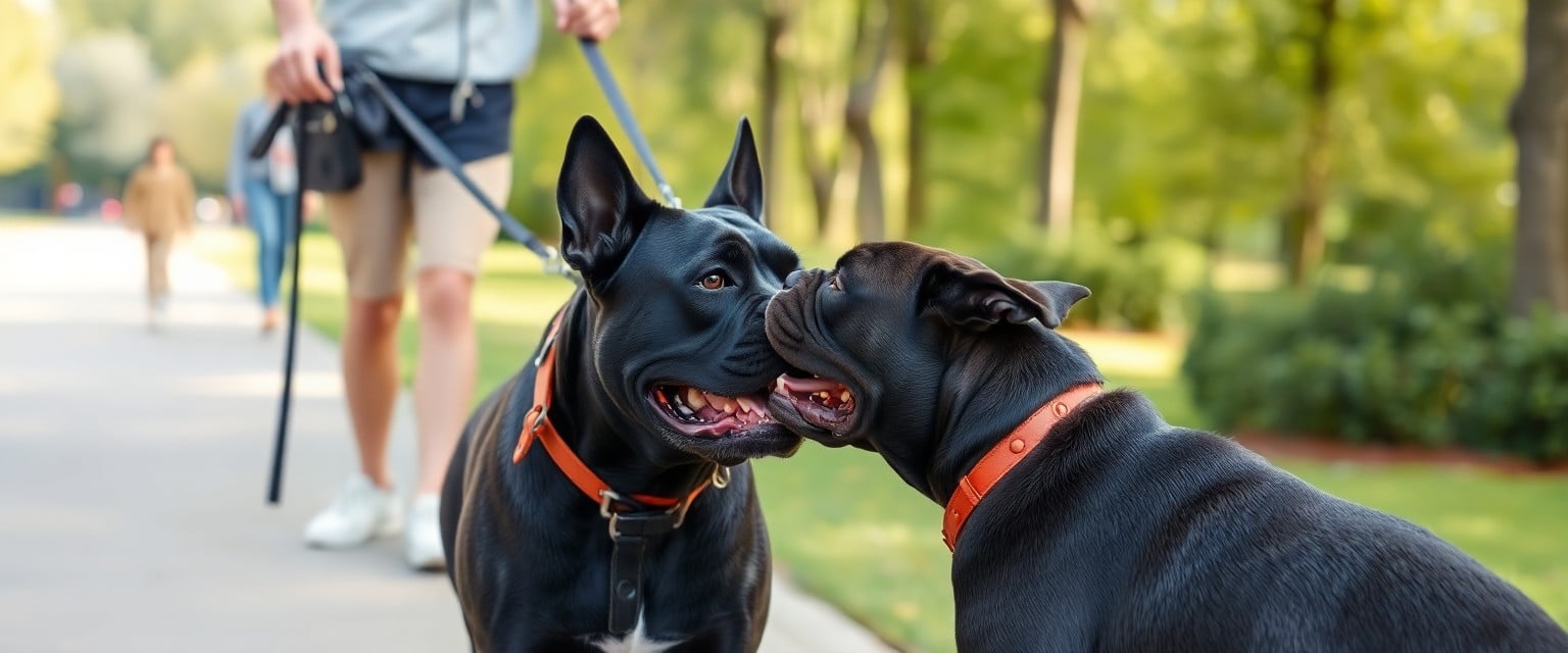 Cane Corso umirjeno reagira na tujca med sprehodom