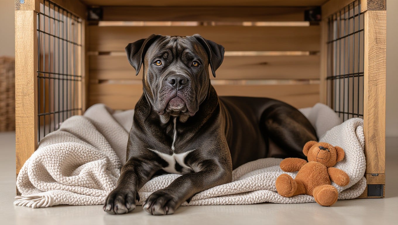 Odrasel Cane Corso mirno počiva v odprti kletki