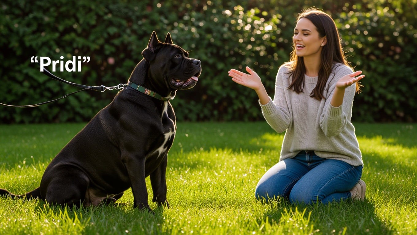 Cane Corso odzove ukaz „pridi“ na travniku