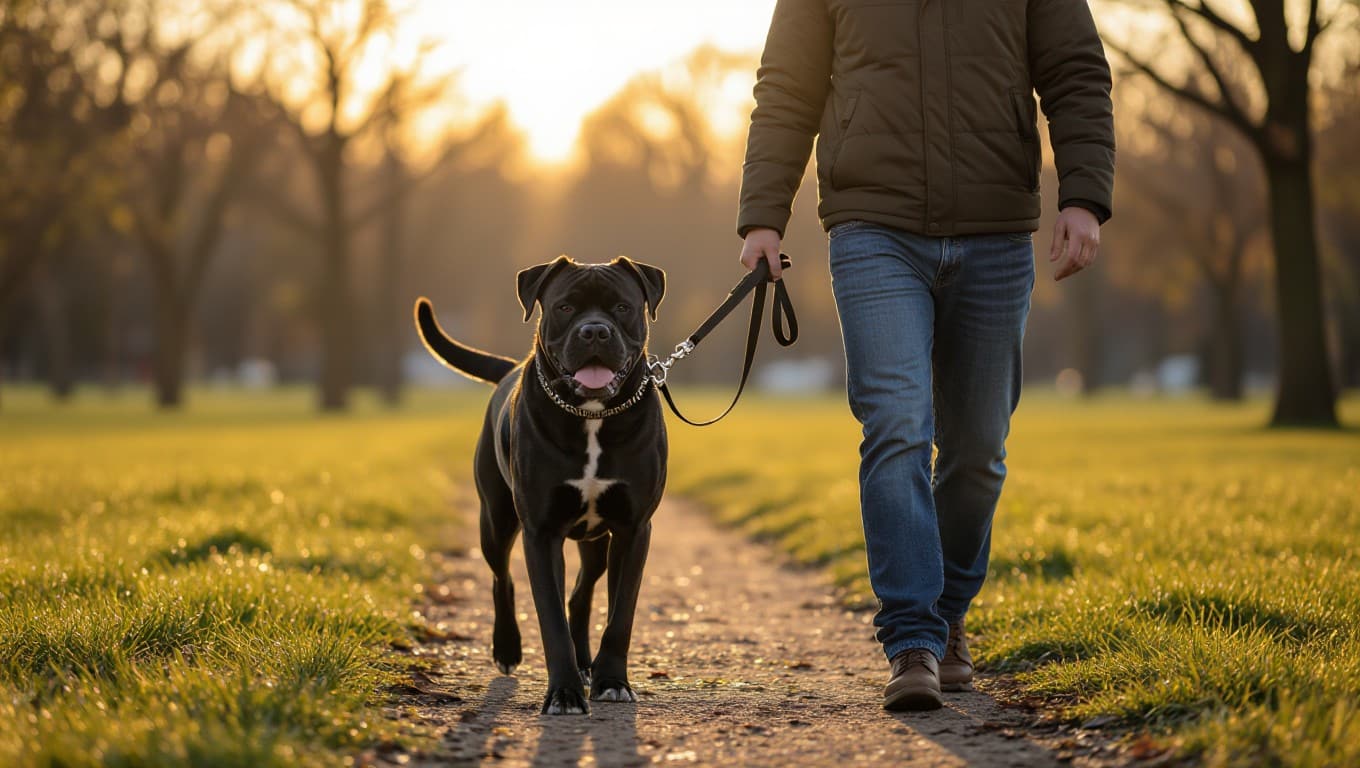 Cane Corso med umirjeno hojo na povodcu v parku
