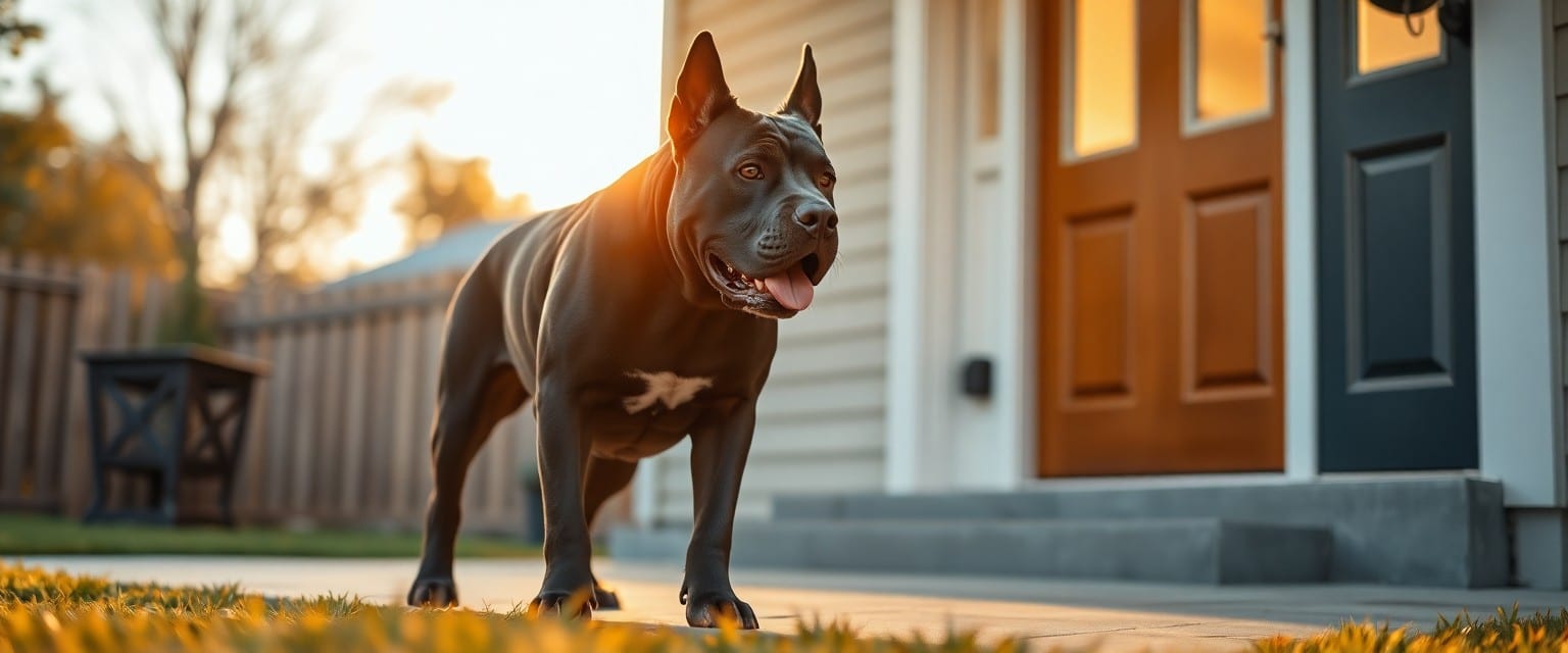 Cane Corso v zaščitniški pozi pred vhodom v hišo